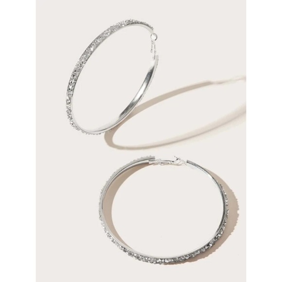 Large Rhinestone Earrings, Oversized Hoops, Silver - Picture 5 of 5